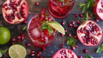 Two Pomegranate Cocktails With Lime and Mint Garnish photo