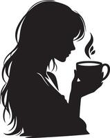 niña con un café taza, negro color silueta vector