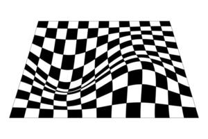 Distorted black Chess board grid on white background. Waved mesh texture. Fish net with deformation effect. Bented lattice surface. graphic illustration vector