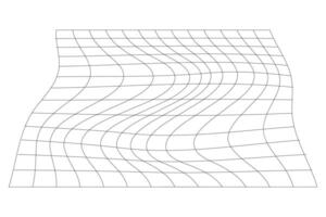 Distorted black grid on white background. Waved mesh texture. Fish net with deformation effect. Bented lattice surface. graphic illustration vector