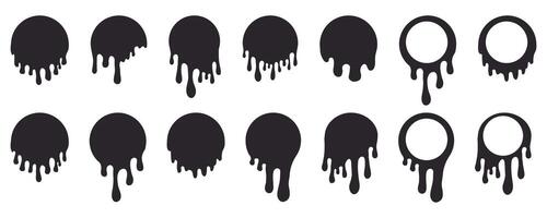 Melt paint drip circle stickers, label. Round splash with drops, liquid shape graffiti blob stickers, stain isolated on background. Flowing fluid, slime or cream. vector