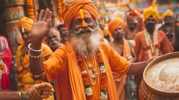 A man with a long beard is wearing an orange turban. photo