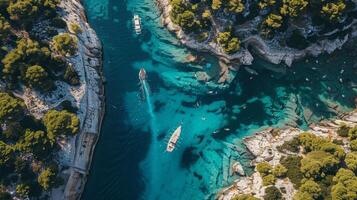 un rocoso apuntalar es visible desde encima con múltiple barcos flotante en el agua, creando un escénico ver de el línea costera. foto