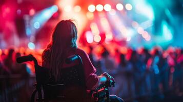 A woman is seated in a wheelchair positioned directly in front of a stage. photo