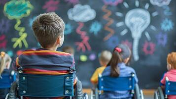 A group of diverse children in wheelchairs sitting in front of a chalkboard, engaging in a classroom activity. photo