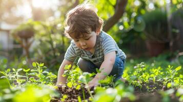 A small child tends to garden plants, kneeling in soil with sunlight filtering through foliage. photo