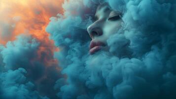 resumen nubes marco un muchachas sereno perfil, evocando soñador conceptos de belleza y imaginación foto