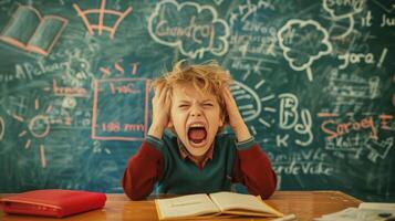 A boy is loudly screaming in front of a chalkboard, displaying extreme frustration or anger while surrounded by classroom setting. photo