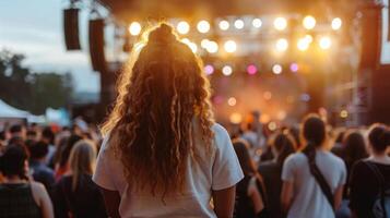 un mujer con largo pelo soportes con confianza en frente de un diverso multitud. foto