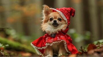 A Chihuahua clad in a Little Red Riding Hood costume stands amidst fall leaves. photo