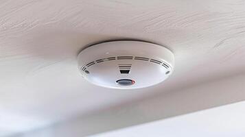 Detailed view of a functioning smoke detector mounted on the ceiling, alert and ready to detect smoke or fire hazards in the vicinity. photo