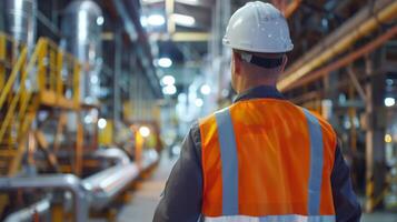 A man is seen wearing a bright yellow safety vest and a hard hat, ensuring proper safety measures are in place at a construction site. photo