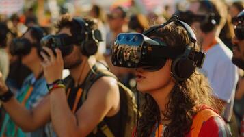 Diverse group of individuals gathered together, all wearing virtual reality headsets and engaging with immersive digital content. photo