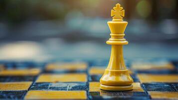 A yellow chess piece positioned on a standard black and white chess board. photo