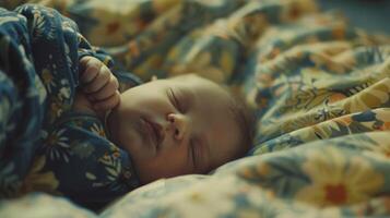 A baby peacefully sleeps under a cozy blanket on a bed. photo