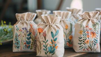 Hand-Painted Floral Cloth Bags on Wooden Table photo