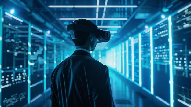 Virtual Reality Exploration in a Blue-Lit Data Center photo