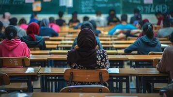 A group of individuals are seated at desks in a classroom setting, engaged in various learning activities. photo