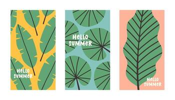 Hello summer poster set with tropical leaves in flat style. Art for poster, postcard, wall art, banner background vector