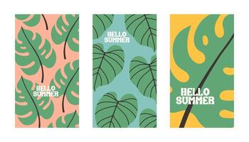 Hello summer poster set with tropical leaves in flat style. Art for poster, postcard, wall art, banner background vector