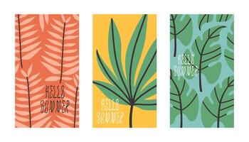 Hello summer poster set with tropical leaves in flat style. Art for poster, postcard, wall art, banner background vector