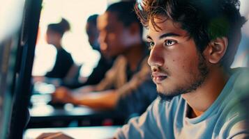 un joven hombre es sentado en frente de un computadora pantalla, enfoque en el digital monitor con concentración. foto