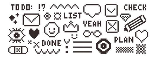 Pixel Y2k retro sticker pack. 8bit icons in trendy retro style. Check list, plan, to do list. Cartoon graffiti tattoo illustration isolated on white background. vector