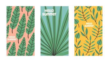 Hello summer poster set with tropical leaves in flat style. Art for poster, postcard, wall art, banner background vector