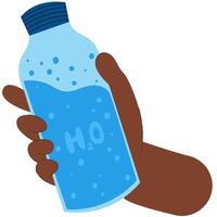 A dark-skinned hand holds a bottle of water. Reusable container for liquids. vector