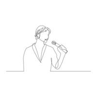 Continuous one line woman with a microphone in her hand speak. illustration. vector