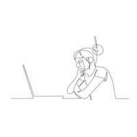 Continuous one line woman sitting thoughtfully in front of a laptop. illustration. vector