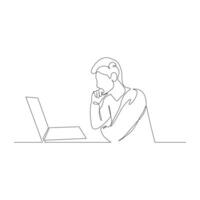 Continuous one line man sitting thoughtfully in front of a laptop. illustration. vector