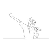 Continuous one line woman with a microphone in hand expressively sings. Karaoke. vector