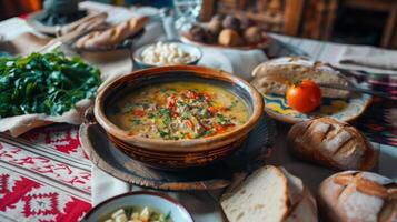 A bowl of soup and a piece of bread sit on a wooden table. photo