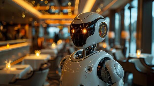 A high-tech robot with illuminated eyes stands ready to assist in a contemporary dining area. photo