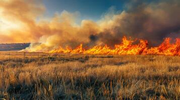 un rugido fuego fatuo se extiende rápidamente mediante seco pradera debajo un dramático puesta de sol cielo. foto