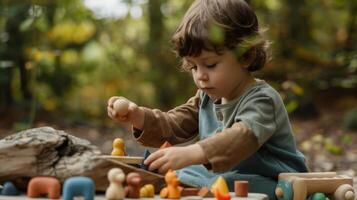 A young boy engaged in play with wooden toys amidst trees and greenery in a forest setting. photo