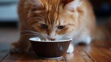 A domestic ginger cat is focused on eating from a small brown bowl on a wooden floor. photo