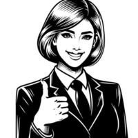 Black and white Silhouette of a female business woman manager holding thumbs up in a business outfit vector