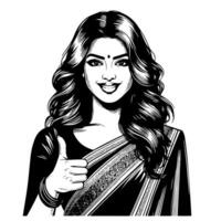 Black and white Silhouette of a group of a female indian woman holding thumbs up in a casual outfit Sari vector