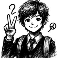 Black and white Silhouette of a student guy showing the peace sign scribble vector