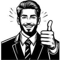 Black and white Silhouette of a shop manager holding thumbs up and smiling Face vector