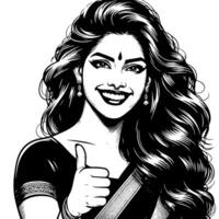 Black and white Silhouette of a group of a female indian woman holding thumbs up in a casual outfit Sari vector