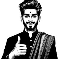 Black and white Silhouette of a indian guy in a positive happy pose and holding thumbs up vector