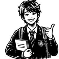 Black and white Silhouette of a student guy showing the peace sign scribble vector