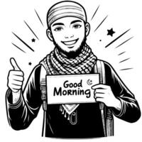 Black and white Silhouette of a muslim guy saying hello and good morning vector