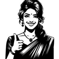 Black and white Silhouette of a group of a female indian woman holding thumbs up in a casual outfit Sari vector