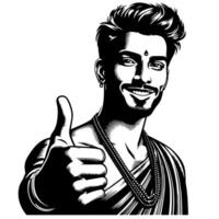 Black and white Silhouette of a indian guy in a positive happy pose and holding thumbs up vector