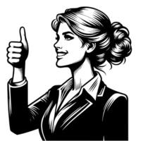 Black and white Silhouette of a female business woman manager holding thumbs up in a business outfit vector