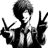 Black and white Silhouette of a student guy showing the peace sign scribble vector